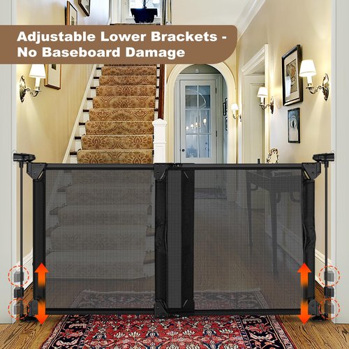 GRENFU 28" Tall No Drill Baby Gate No Bottom Bar, Sliding Dog Gate for Stairs No Drilling Expandable Baby Gate with Dual-Opening Walk Thru Door, 32-55" Adjustable Width & Angle Mesh Pet Gate, Black