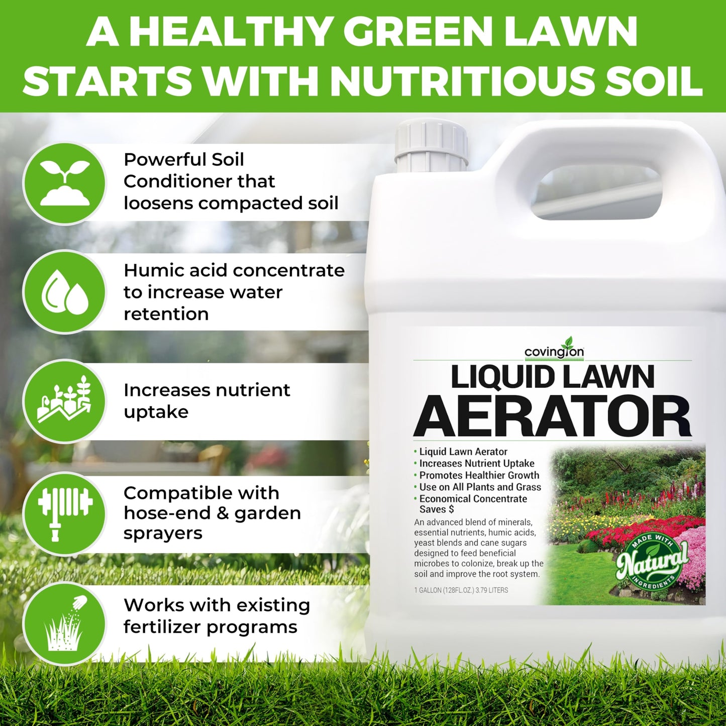 Covington Liquid Lawn Aerator (32oz) – Soil Conditioner & Softener for Lawns & Gardens – Loosens Clay & Compacted Soil for Better Water & Nutrient Absorption – Liquid Aeration Concentrate, Made in USA