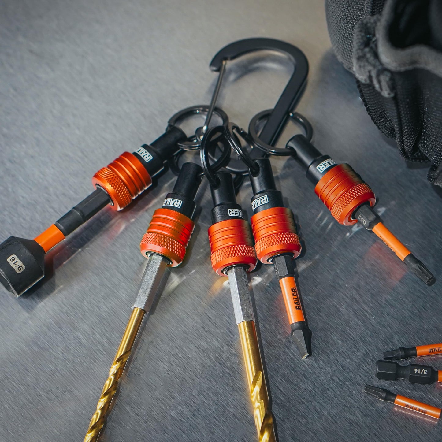 Railer Bit Holder Keychain 5pc - 1/4 inch Hex Shank Bit Holders - Quick Release Bit Holder For Nut Driver, Screwdriver & Drill Bits w/Key Chain Carabiner