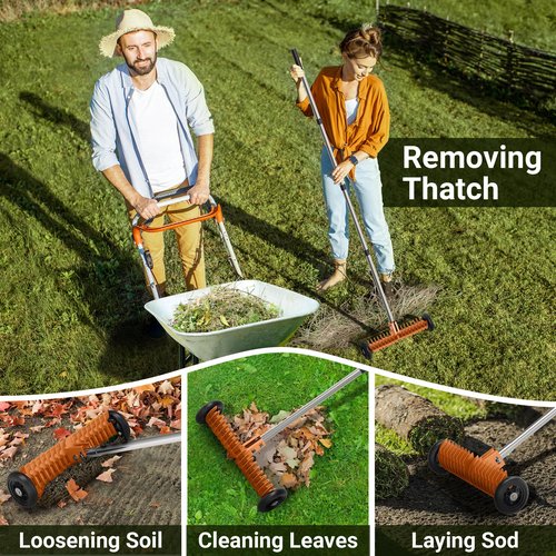 JouZYA Lawn Thatch Rake, 15-Inch Steel Dethatching Tool, Adjustable 0-15° Angle and 38-68 Inch Length, Heavy-Duty Yard Rake for Dead Grass Removal and Lawn Care (Tangerine)