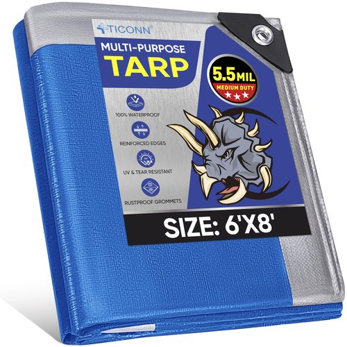 TICONN Heavy Duty Tarp Cover, Extra Thick Tarps Waterproof Tear and Rip Proof UV Resistant Tarpaulin with Reinforced Grommets and Edges (5.5 Mil, 6'x8')