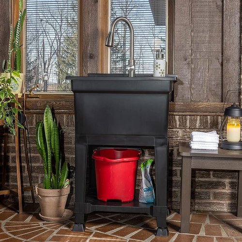 UTILITYSINKS Freestanding Utility Tub Sink with Quick Connect Drain, 24 x 24", Black - Portable and Compact Sink with Faucet for Outdoor Kitchen, Laundry Room, Garage, and Basement