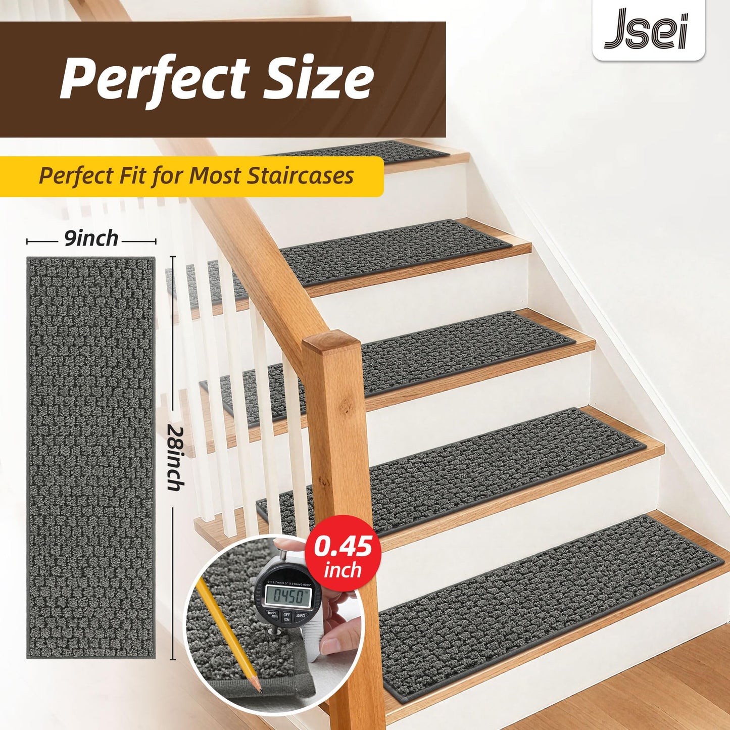 JSEI Stair Treads for Wooden Steps Indoor, Non-Slip Washable Carpet Stair Treads with TPE Backing, Stair Step Mats for Wood Stairs, 14 Pack, 9" x 28", Light Grey