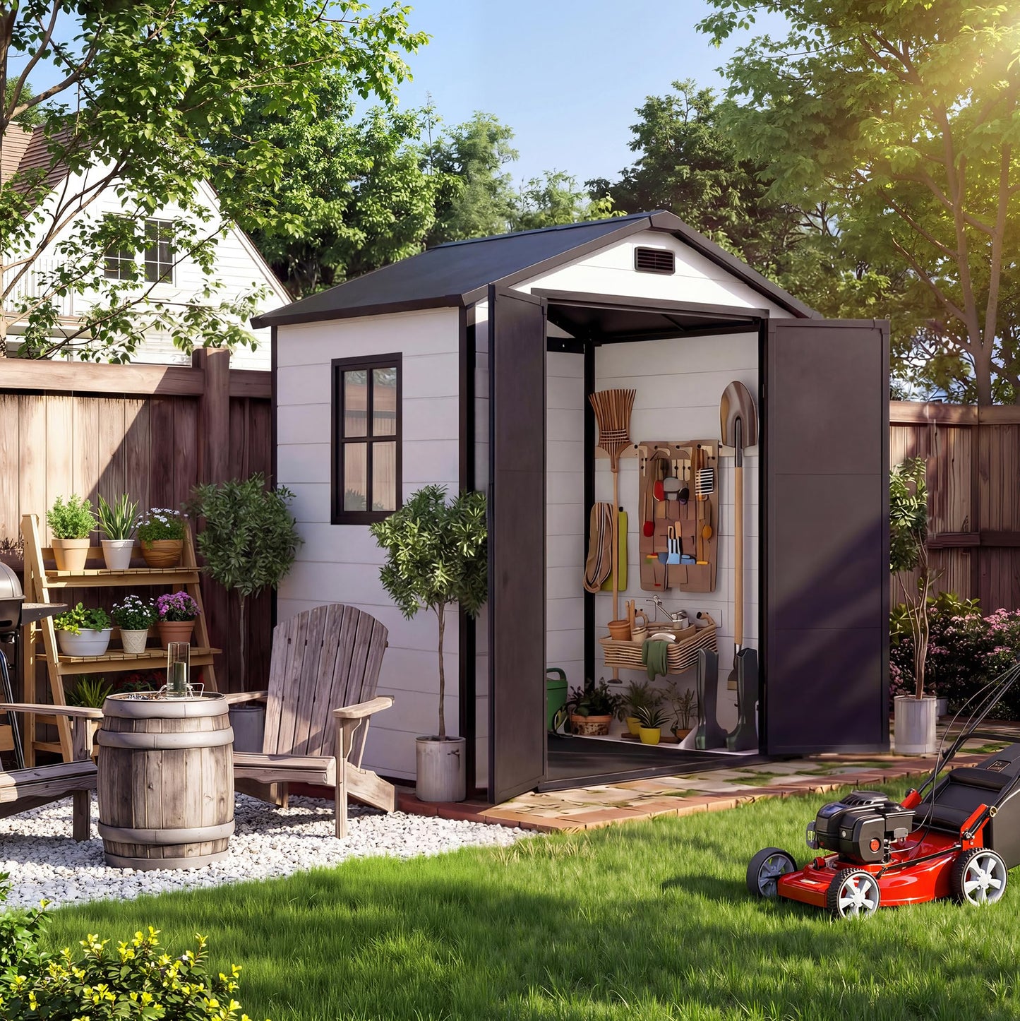 Garvee 6x4 FT Outdoor Storage Shed with Floor, Plastic Resin Garden Shed with Window & Sloping Roof & Lockable Door for Patio Backyard Garden, Lawn Mower, Bike, Tool Storage