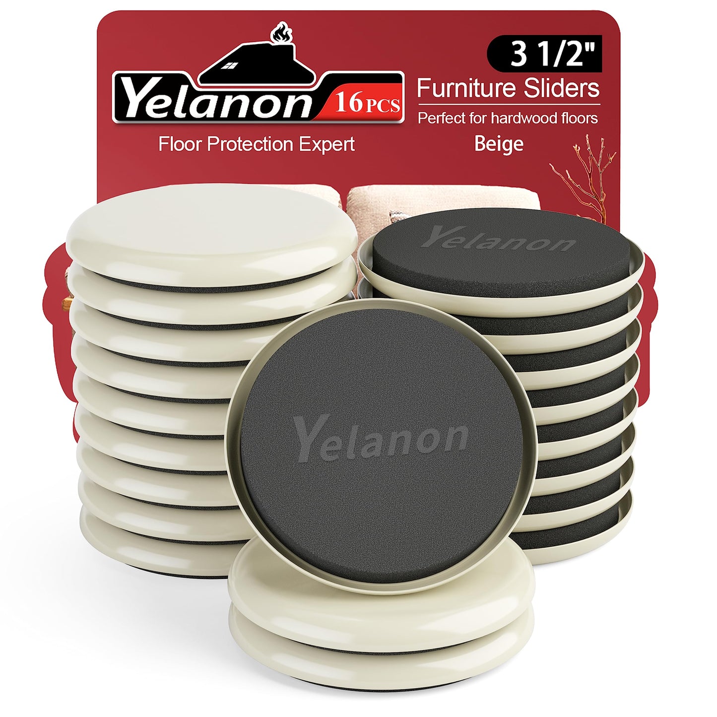 Yelanon Furniture Sliders, 16 pcs-3 1/2” Round Beige Furniture Sliders for Carpet, Heavy Duty Furniture Movers Sliders, Reusable Furniture Moving Pads, Floor Protectors for Carpet