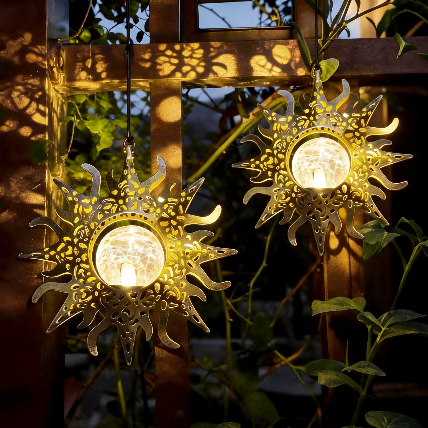 QCF Hanging Solar Sun Lights Outdoor Waterproof Decor, 2 Pack Metal Daystar Shell & Glass LED Globe Lanterns for Garden, Backyard, Balcony, Patio, Tree, Wall, Mother's Day Gifts for Women Mom