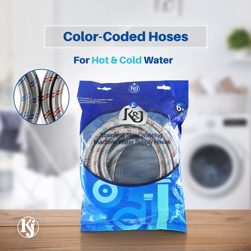 K&J Premium 6ft Washing Machine Hoses Burst Proof 2 Pack - Hot and Cold Water Supply Hoses for Washing Machines (Stainless Steel)