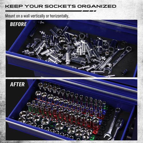 Magnetic Socket Holder Organizer Set: 9-Piece Detachable 1/4, 3/8, 1/2 Socket Trays Socket Organizer for Tool Box Drawer Holds 120-Piece Standard Size Sockets for Automotive Garage(Blue Red Green)