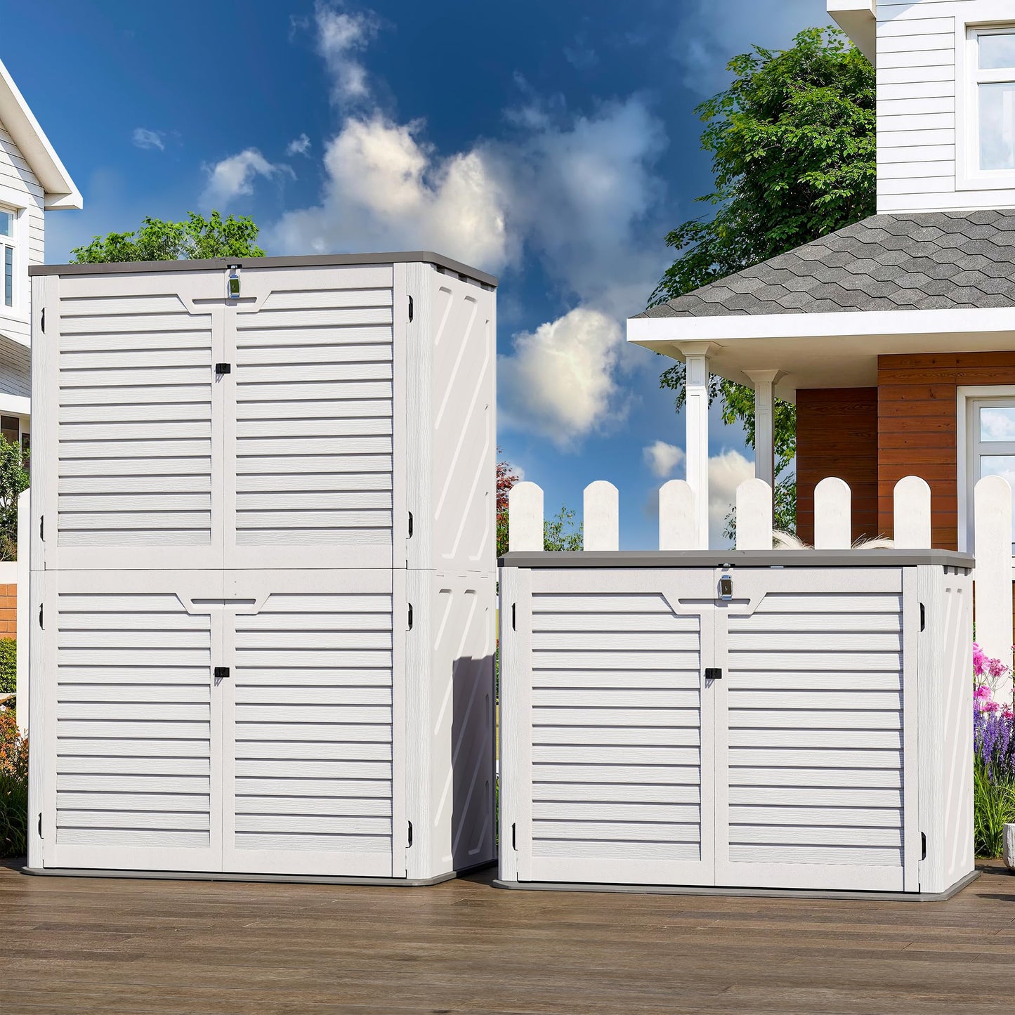 WillowLume 65 Cu.Ft Outdoor Storage Shed, Lockable Outdoor Vertical Resin Storage Cabinet with Floor, All-Weather Waterproof Shed for Garden, Backyard, Pool (65 cu ft - 2 Shelves)