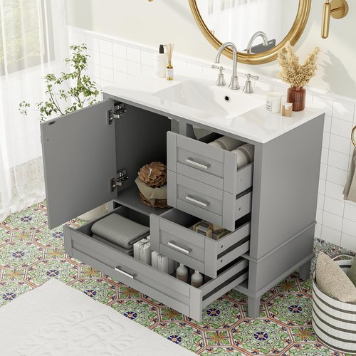 Mirightone 36" Bathroom Vanity with Sink, Bathroom Vanities 36 Inch with Sink, 36 Bathroom Vanity with Top Including 3 Drawers and 1 Soft Closing Door, Vanity with Sink for Bathroom (Grey)