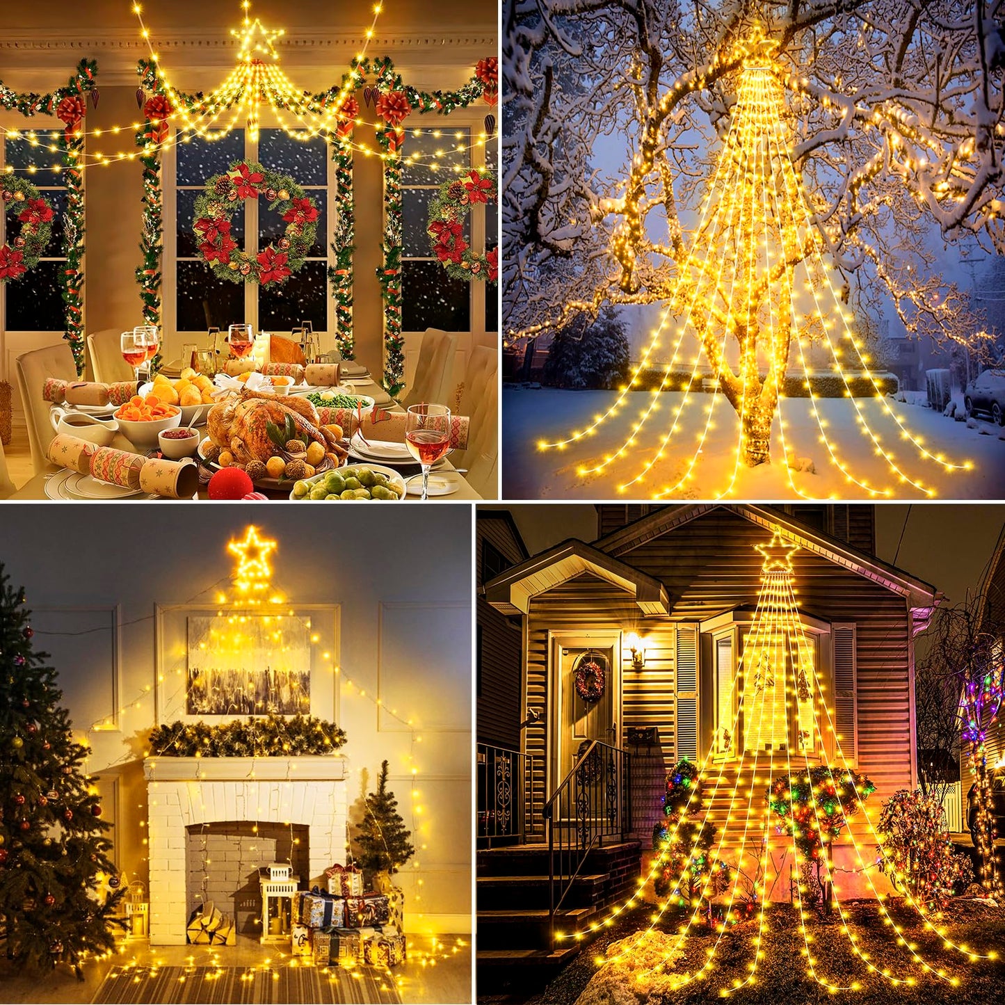 Nielfoi 12FT 344 LED Christmas Tree Lights, Plug in Waterfall String Lights with Topper Star, Waterproof 8 Modes Outdoor Christmas Decorations for Indoor Patio Yard Lawn Party, Warm White