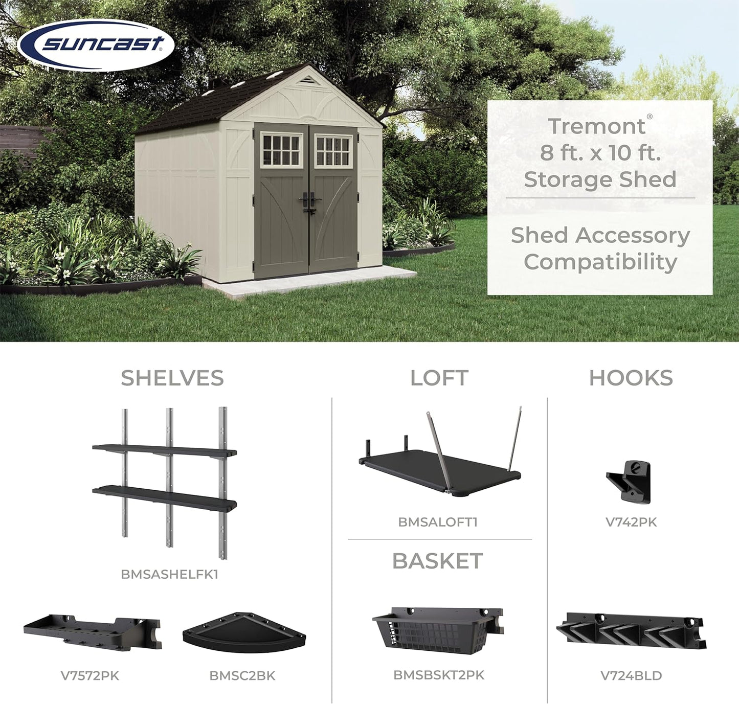 Suncast 8’x10’ Tremont Resin Shed, Vanilla & Slate – Backyard Storage Unit with Skylights, Corner Shelves, Reinforced Floor & Double Doors – Store Lawn Mower, Garden Equipment & Outdoor Tools