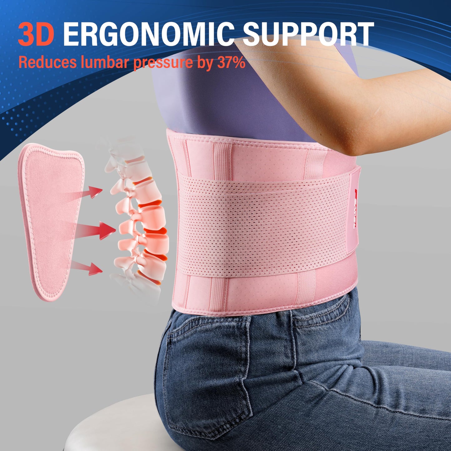 FEATOL Back Brace for Lower Back Pain, Breathable Back Support Belt for Women & Men with Lumbar Pad, Lumbar Support Belt for Heavy Lifting & Work, Pink, 4XL (Circumference:63-68")