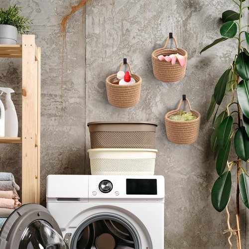 Fabric Wall Hanging Baskets - 3Pack Woven Pouchs Boho Style Wall Mounted Bag with Adhesive Hooks, Storage Organizers and Decoration Pocket Caddy Bins on Door Rack (Linen & Black, Large)