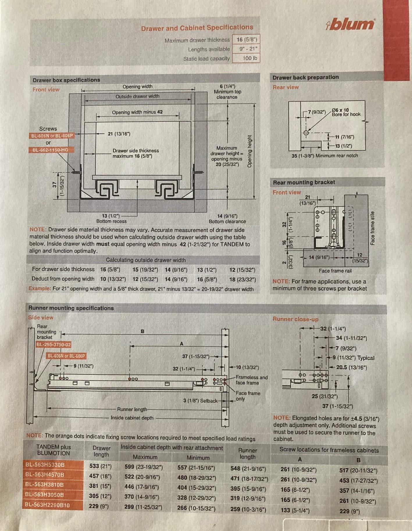 BLUM Tandem Plus BLUMOTION Drawer Slides Complete Pair, with Runners 563H, Locking Devices, Rear Mounting Brackets and Screws (for face Frame or Frameless Application) 21 Inch