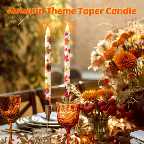 6PCS Flameless LED Taper Candles - Fall Maple Leaf Decor, Fall Decorative Candles with Wax Coating and Autumn Floral Prints Perfect for Table, Party, Banquet, Batteries Required (Not Included)
