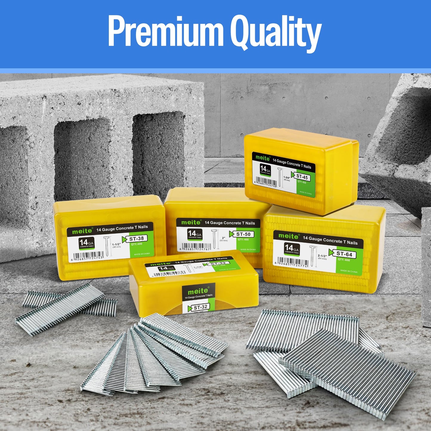 meite 14 Gauge Concrete Nails 2 Inch Leg T-Nails for Concrete Nailer Gun, Galvanized Glue-collated Steel T Nails for Furring Strips Decking Truss Building, 400PCS/Box
