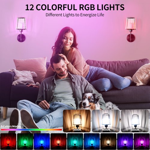 FNHMSL Battery Operated Crystal Wall Sconces Set of Two, Black Wireless Wall Lamp with Crystal Shades, Rechargeable LED Bulbs, 12-Colors Dimmable, Remote for Bedroom, Living Room, Bulbs Included