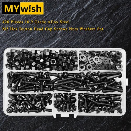 420Pcs M5 Nuts and Bolts, M5 Screws x8mm/12mm/16mm/20mm/25mm/30mm, Metric Screw Assortment 10.9 Grade Alloy Steel, Hex Button Head Cap Metric Screws, Flat Washers/Nuts/Hex Wrenches Black by Mywish
