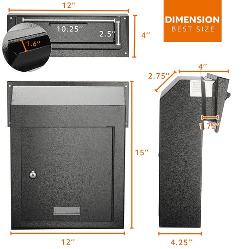 Metateel Through The Door Locking Mail Drop Box with Rain Cover Mail Slot, Heavy Duty Door Mount Mailboxfor Key Rents Cash Checks Letters, Safe Deposit Drop Box for House Office Commercial, Black