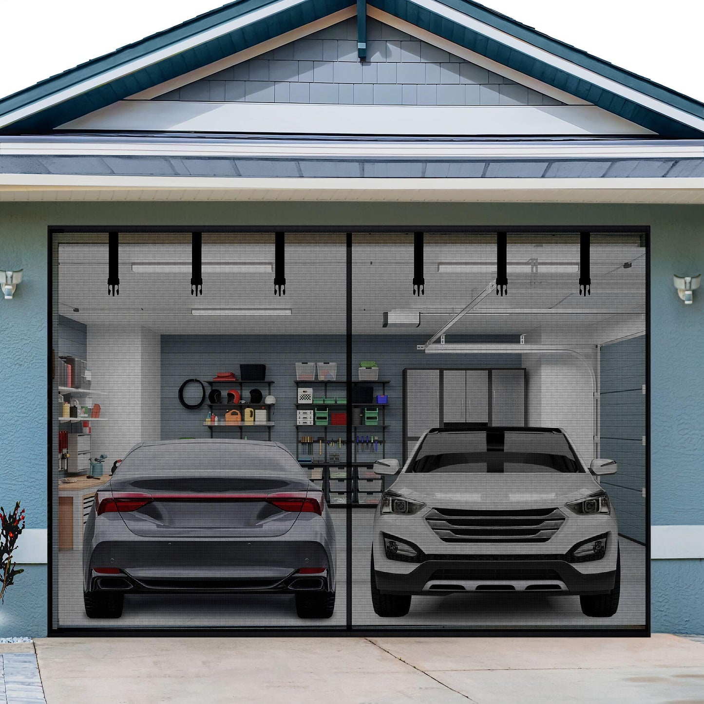 Garage Door Screen for 1 Car 8x7Ft - Magnetic Closure, Reinforced Fiberglass Mesh, Heavy Duty Weighted Bottom, Hands-Free Operation, Easy Assembly & Pass-Through