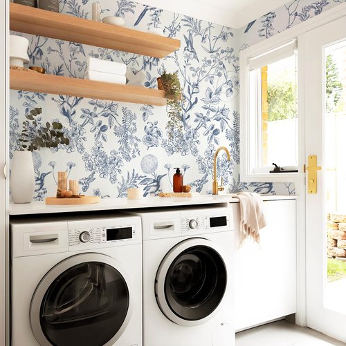 Safiyya Peel and Stick Wallpaper Blue and White Contact Paper Floral Birds Wall Paper Modern Boho Removable Self Adhesive Wallpaper Vinyl Rolls 118"x17.3"