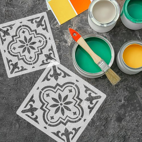 NAKLEO Tile Painting Stencil 3,9”x3,9”, Valetta Spanish Moorish Flower Moroccan, Plastic Reusable Template, Home Decor Craft DIY, Floor Concrete Patio Wall – Terracotta