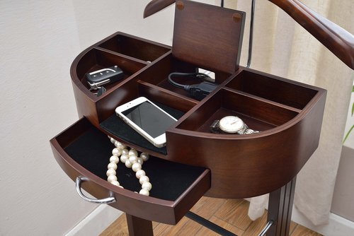 Proman Products - Crescent Moon Valet, Mens Valet Stand with Drawer, Top Tray, Contour Hanger, Trouser Bar, Belt Hooks & Shoe Rack, Accessory & Clothes Organizer (Mahogany)