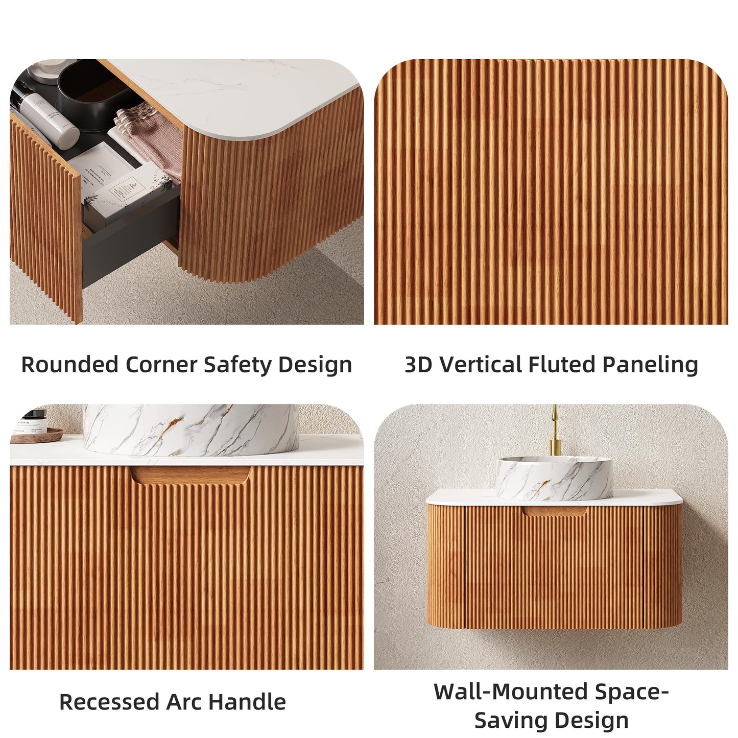 Elysionix 30 inch Bathroom Vanity with Sink, Pre-Installed Floating Bathroom Vanity Cabinet with Round White Ceramic Sink, Sintered Stone Countertop, Wall Mounted Storage Cabinet, Natural Wood Color