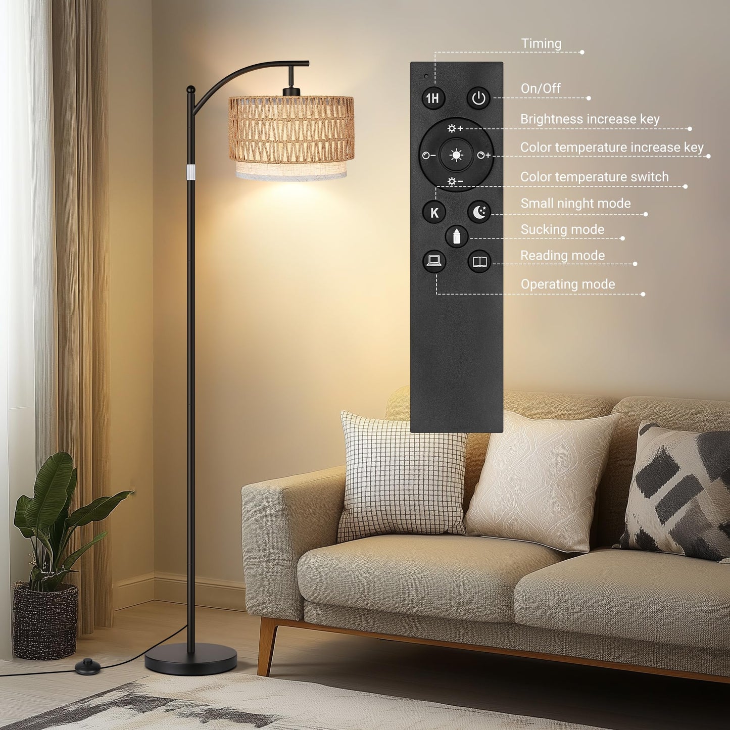 ROTTOGOON Rattan Floor Lamps for Living Room, Boho Standing Lamps with Rattan& Linen Double Shades, Arc Lamps Floor Standing with 9W Bulb, Foot Switch, Bohemian Floor Lamps for Bedroom, Office-Drum