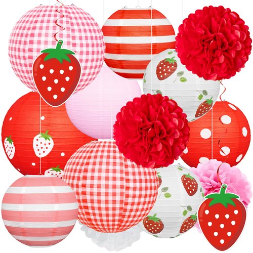 15Pcs Strawberry Paper Lanterns Decor Hanging Decorations for Berry first Birthday Party Supplies