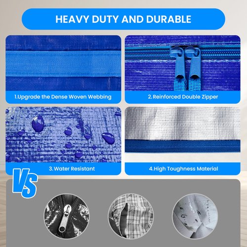 Simple Deluxe Extra Large Moving Bags 10 Pack, Heavy Duty Storage Totes with Surround Handles & Zipper, for Clothes Packing, Moving Supplies, Blue