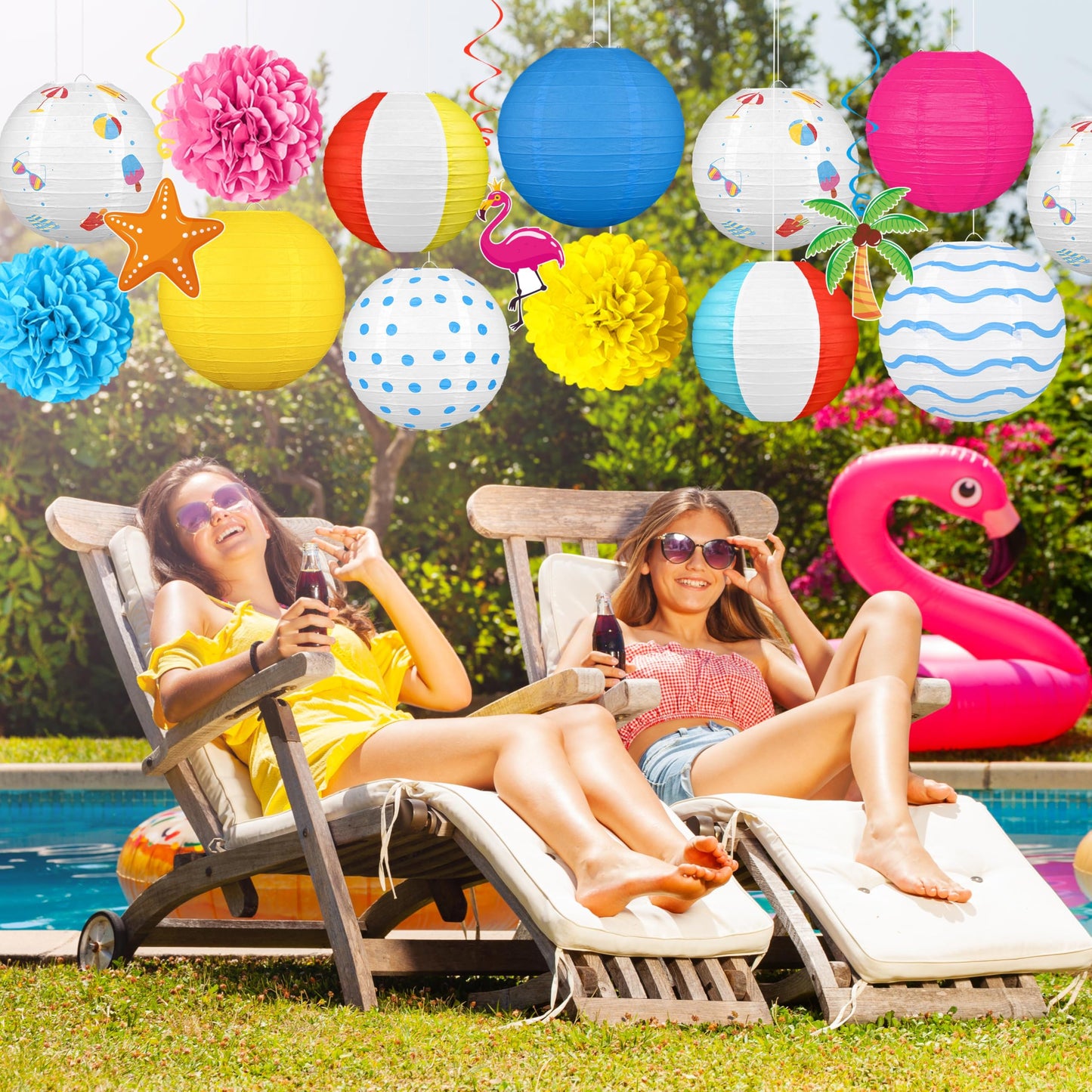 16Pcs Summer Party Decorations Paper Lanterns Pom Poms Hanging Swirls - Beach Pool Luau Hawaiian Tropical Hanging Decor for Home Birthday Outdoor Indoor