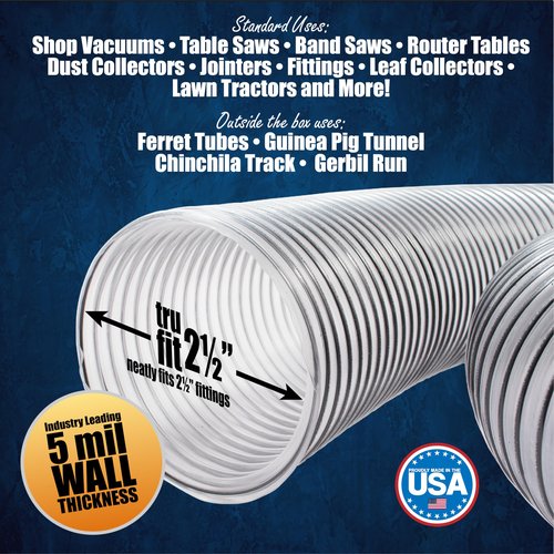 Fulton 2-1/2" x 20' PVC Dust Collection Hose With 4 EZ Release Clamps, Puncture Resistant, Carbon Steel Wire, Clear Flexible PVC Dust Collector Hose, Proudly Made in USA