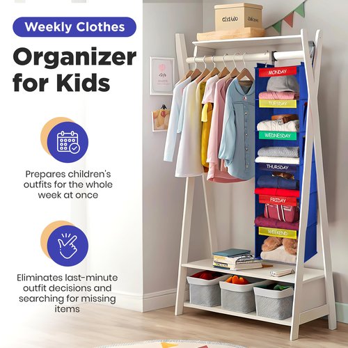 Weekly Clothes Organizer for Kids - 6-Shelf - Hanging Closet Daily Clothing Organization Labeled Shelves with Days of The Week Monday Through Friday, Weekday and Weekend (Blue)