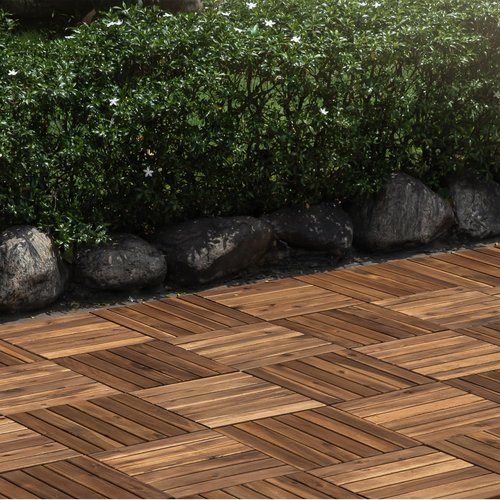 VICTORY RELAX Acacia Wood Patio Deck Tiles - 27 Pcs 6 Slats Interlocking Decking Tiles for Patio Decor, Waterproof Indoor & Outdoor Use, Garden Decking Tile (11.81 x 11.81 x 0.94) - Natural