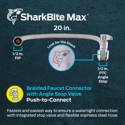 SharkBite Max 20 In. Stainless Steel Braided Faucet Connector with Angle Stop Valve, 1/2 Inch PTC x 1/2 Inch FIP, PEX Pipe, Copper, CPVC, PE-RT, HDPE, UR24657