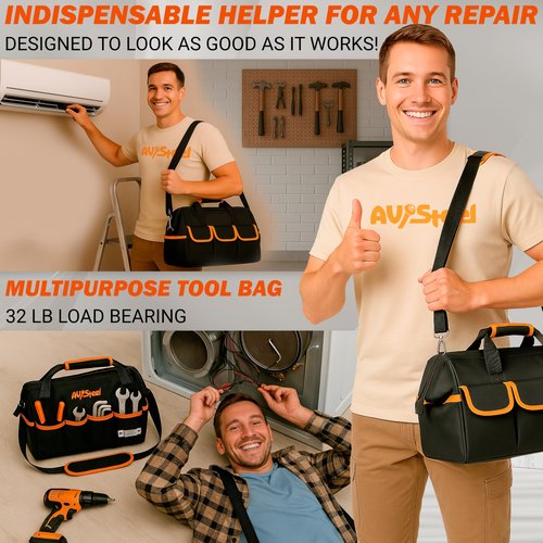AV Steel 15 Inch Tool Bag with 16 Pockets Foldable Close Top Wide Mouth Tool Bag Organizer with Handle & Padded Adjustable Strap, Heavy Duty, Waterproof