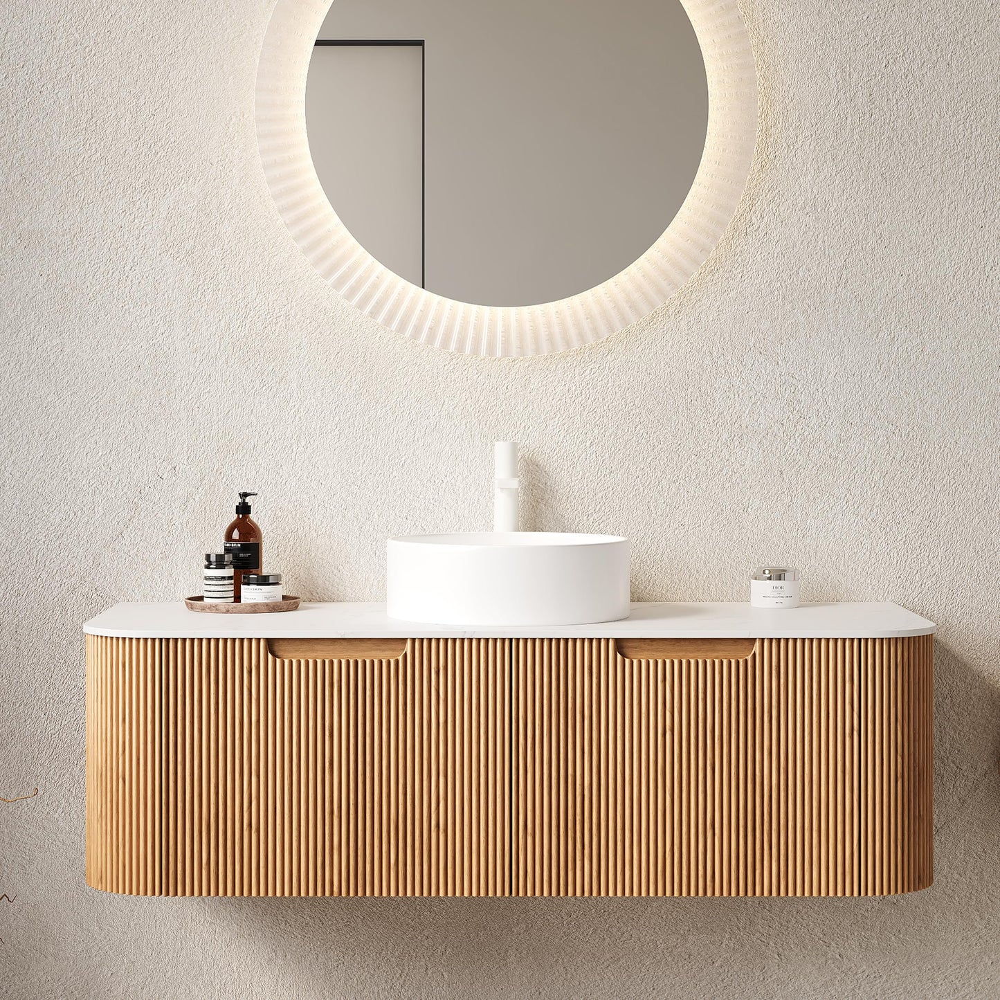 Elysionix 30 inch Bathroom Vanity with Sink, Pre-Installed Floating Bathroom Vanity Cabinet with Round White Ceramic Sink, Sintered Stone Countertop, Wall Mounted Storage Cabinet, Natural Wood Color